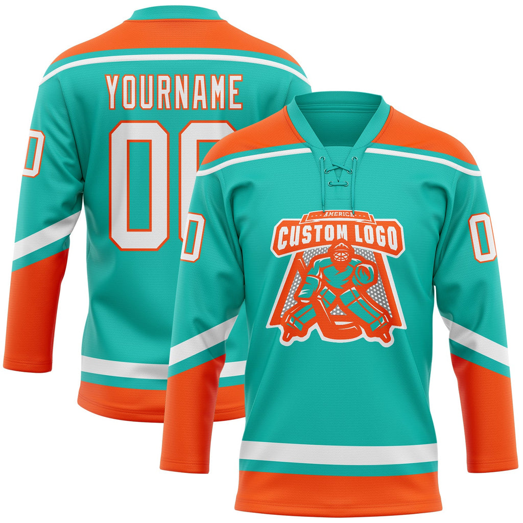 Custom aqua white-orange hockey lace neck jersey for sale online3