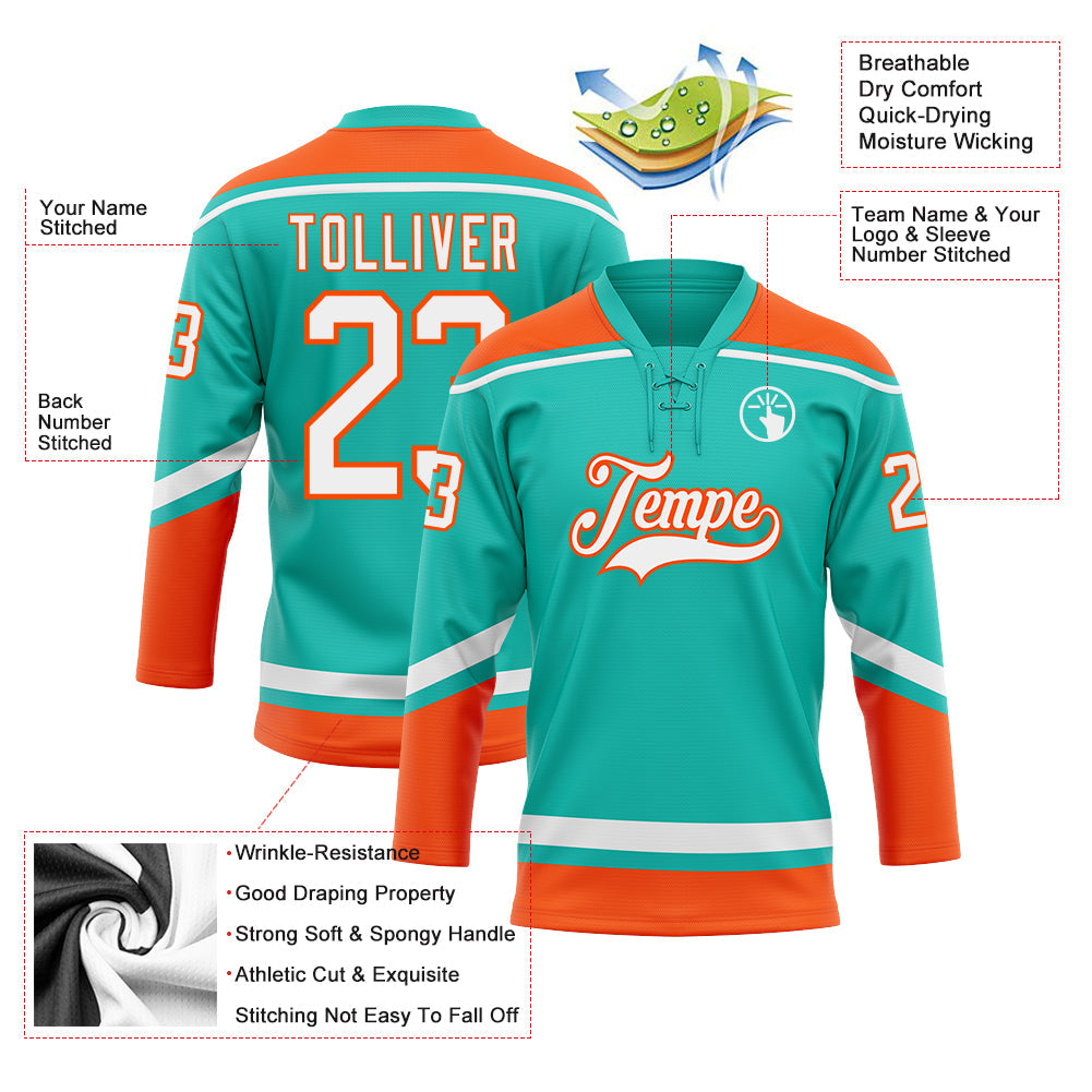 Custom aqua white-orange hockey lace neck jersey for sale online4