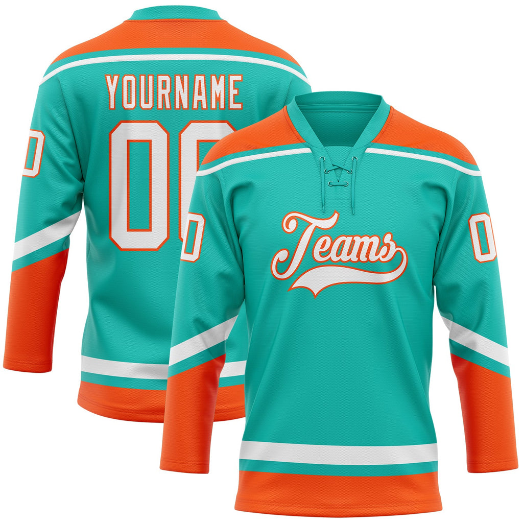 Custom aqua white-orange hockey lace neck jersey for sale online0