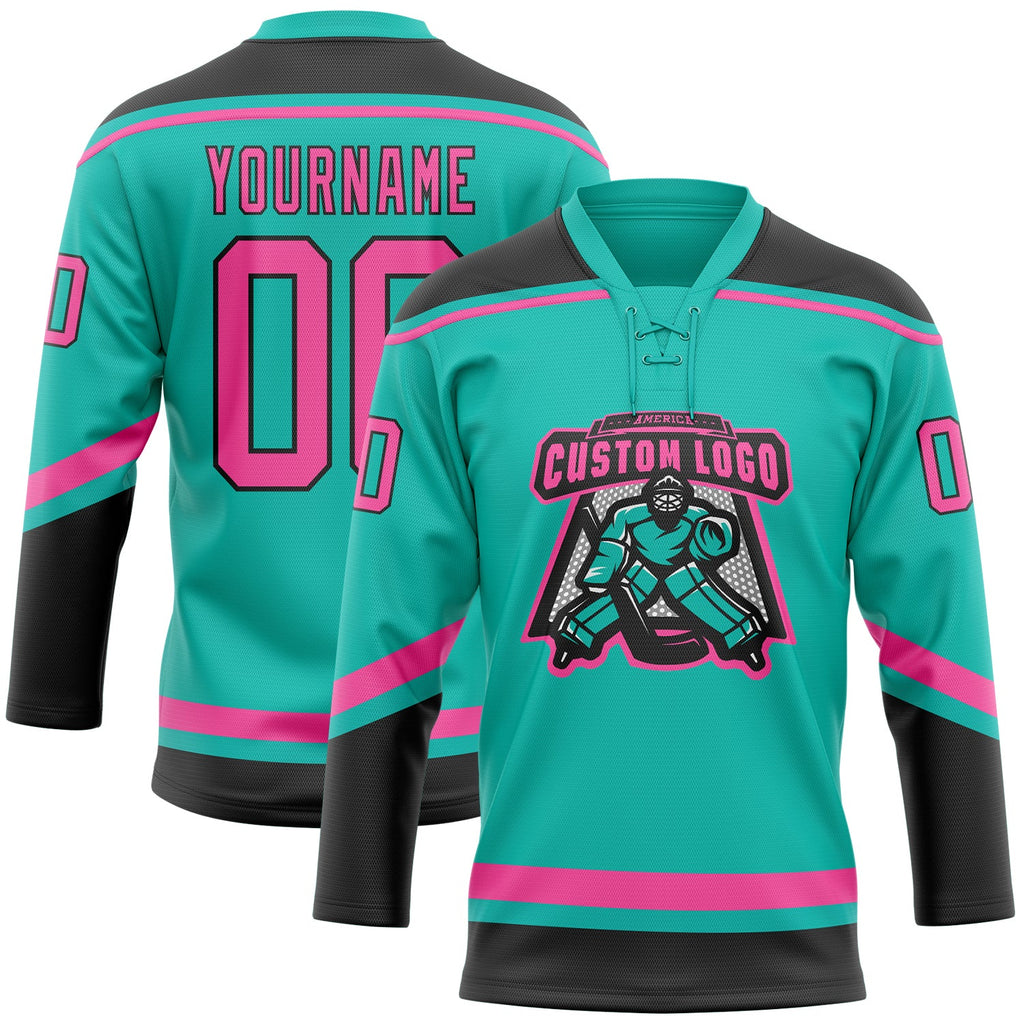 Custom aqua pink-black hockey lace neck jersey for sale online2