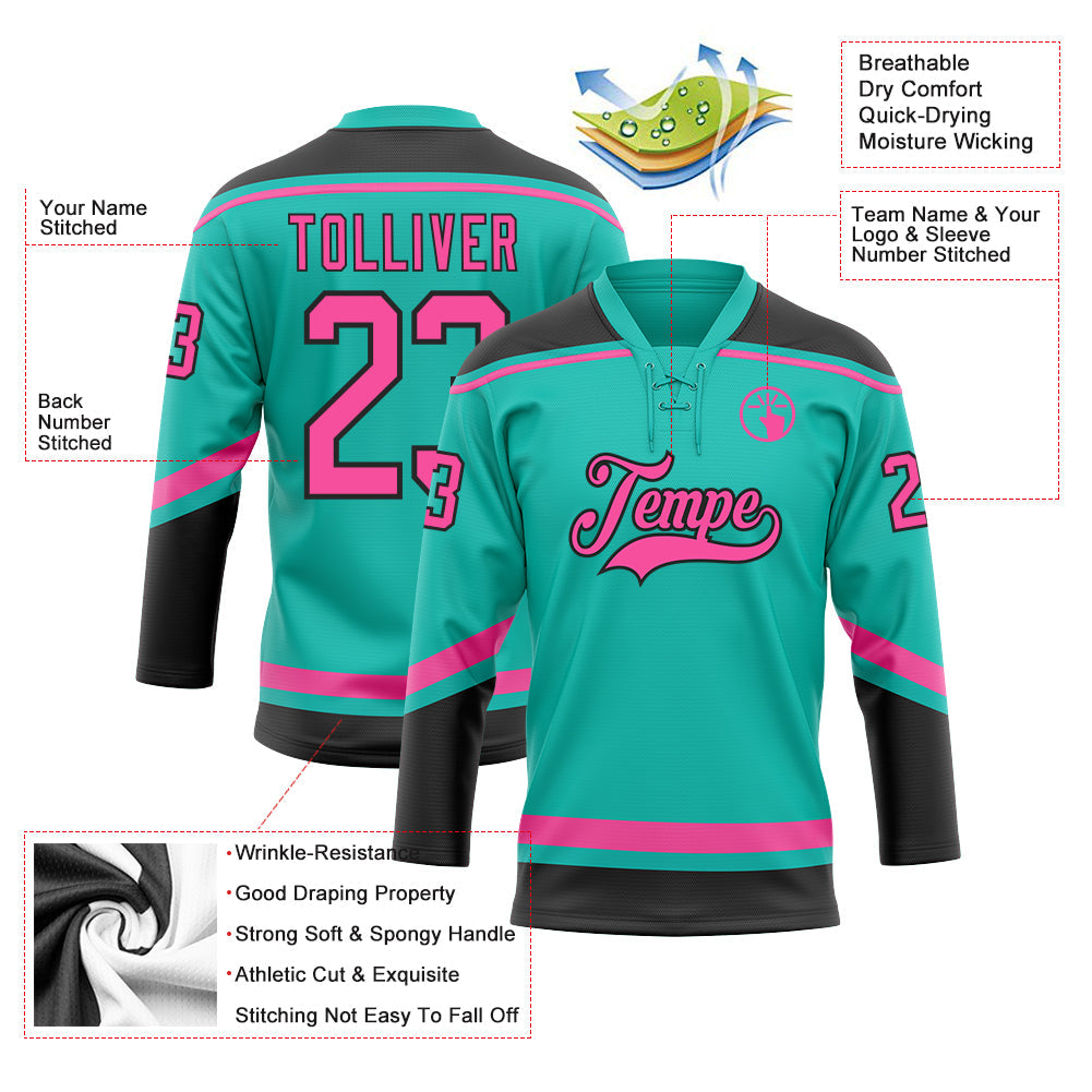Custom aqua pink-black hockey lace neck jersey for sale online0