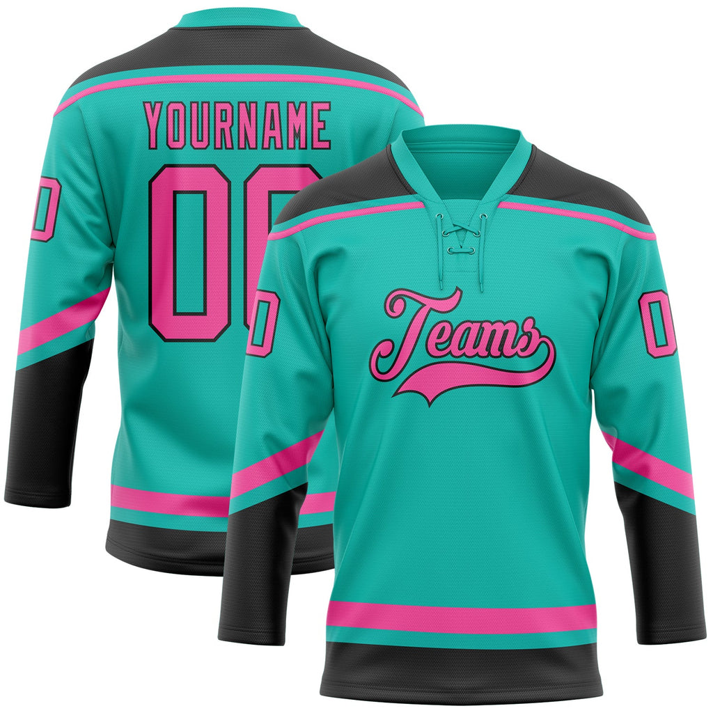 Custom aqua pink-black hockey lace neck jersey for sale online1