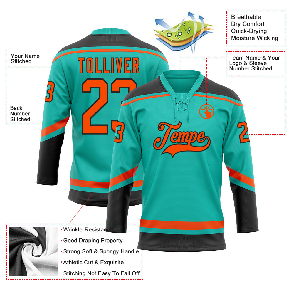 Custom aqua orange-black hockey lace neck jersey for sale online0