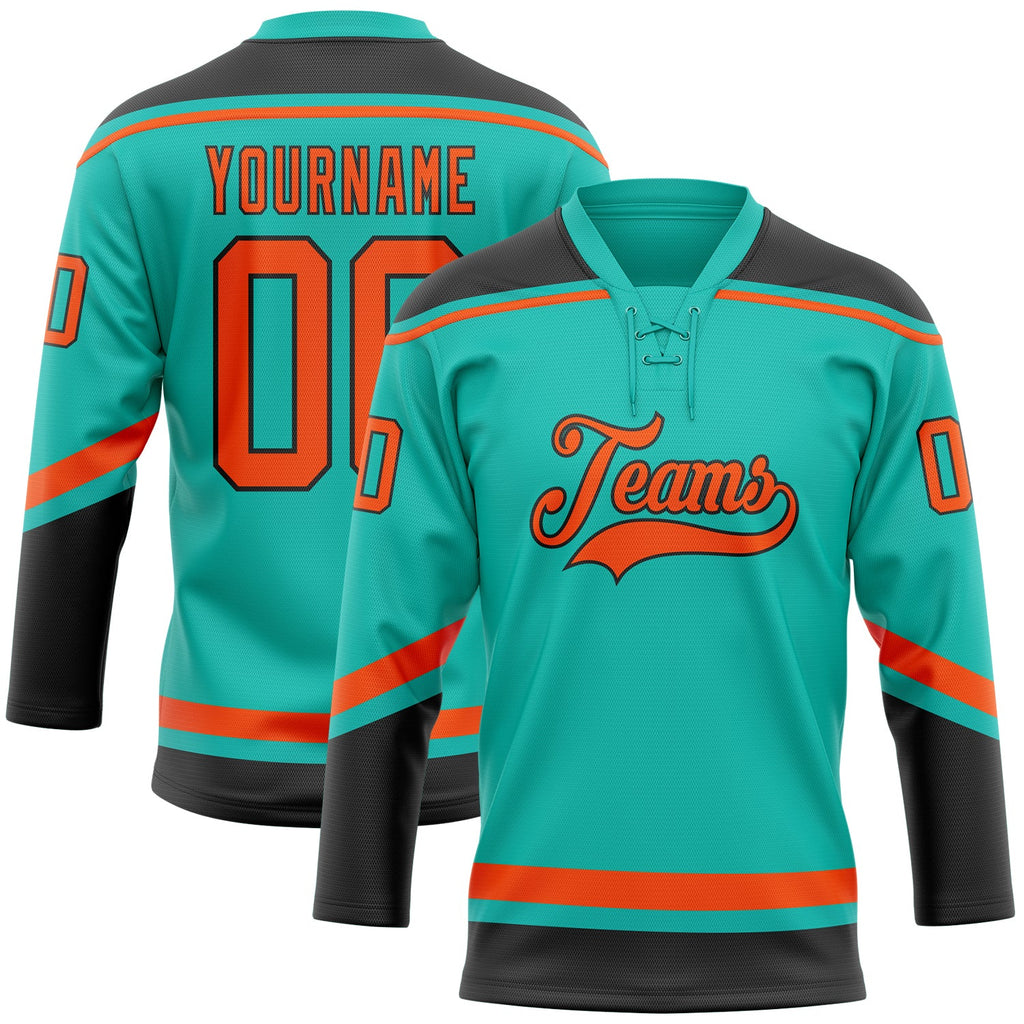 Custom aqua orange-black hockey lace neck jersey for sale online1