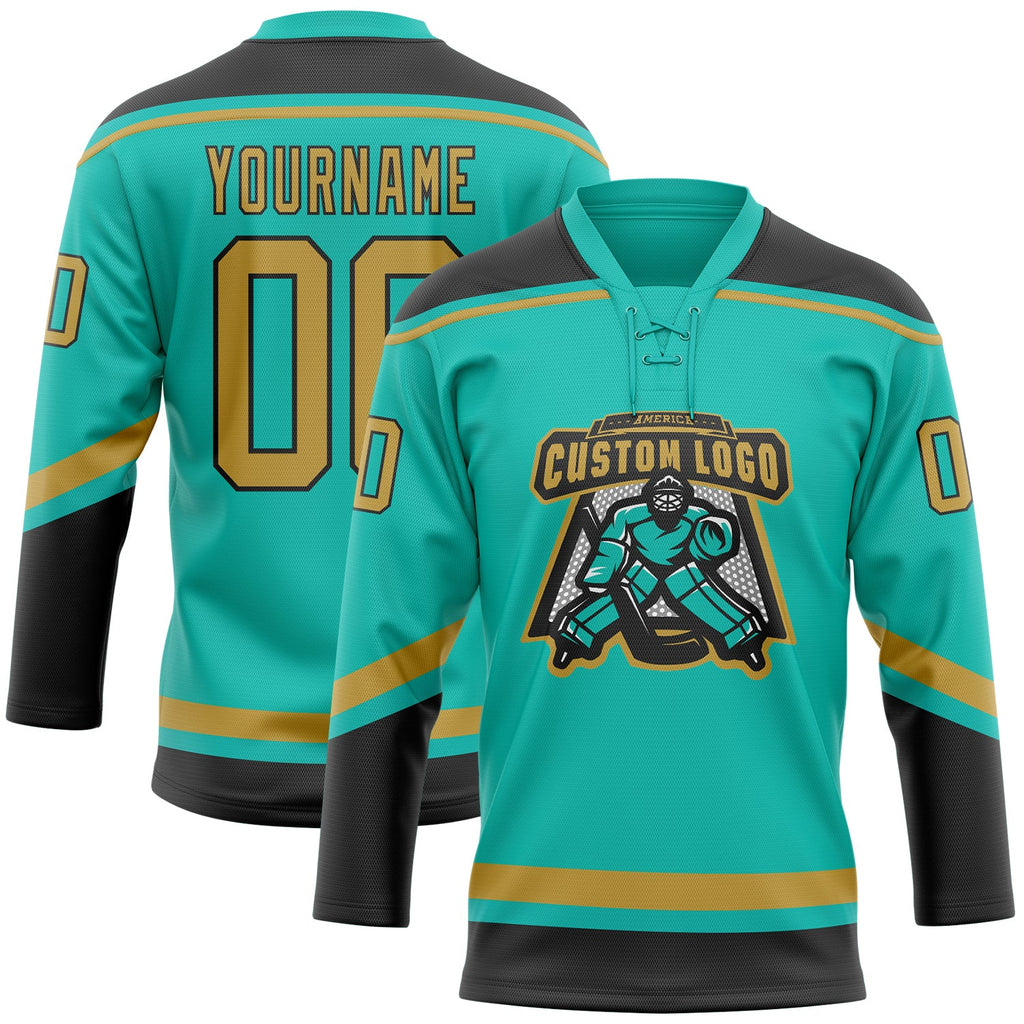 Custom Aqua Old Gold-Black Hockey Jersey with Lace Neck on Sale Online1