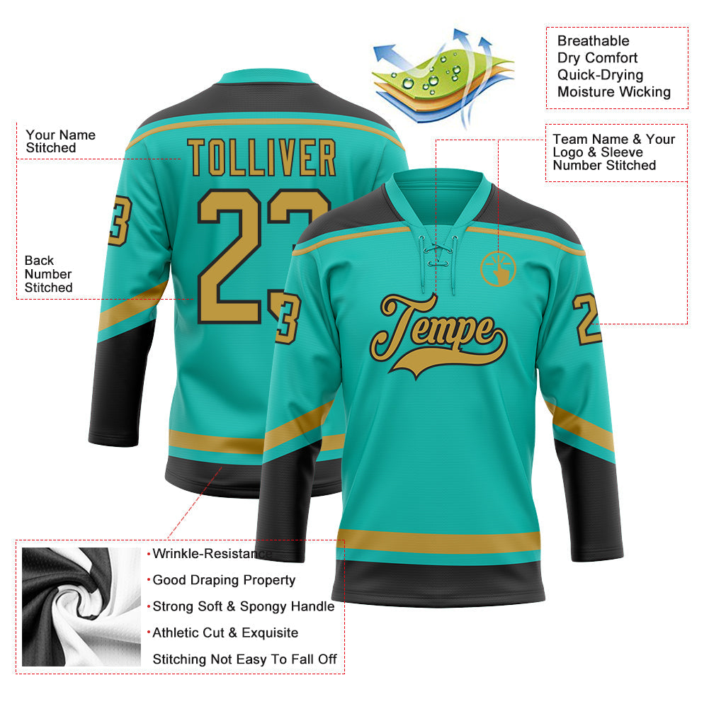 Custom Aqua Old Gold-Black Hockey Jersey with Lace Neck on Sale Online0