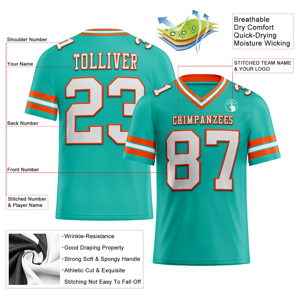 Custom aqua white-orange mesh football jersey with authentic design and free shipping0