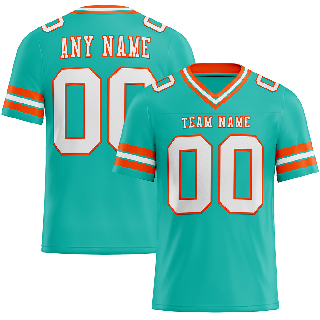 Custom aqua white-orange mesh football jersey with authentic design and free shipping2