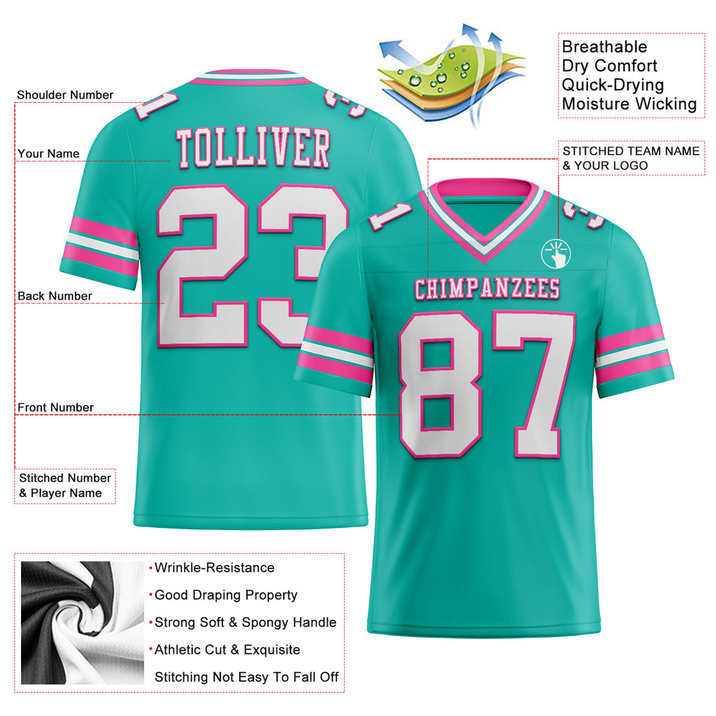 Custom aqua white-pink mesh football jersey with authentic design and free shipping0