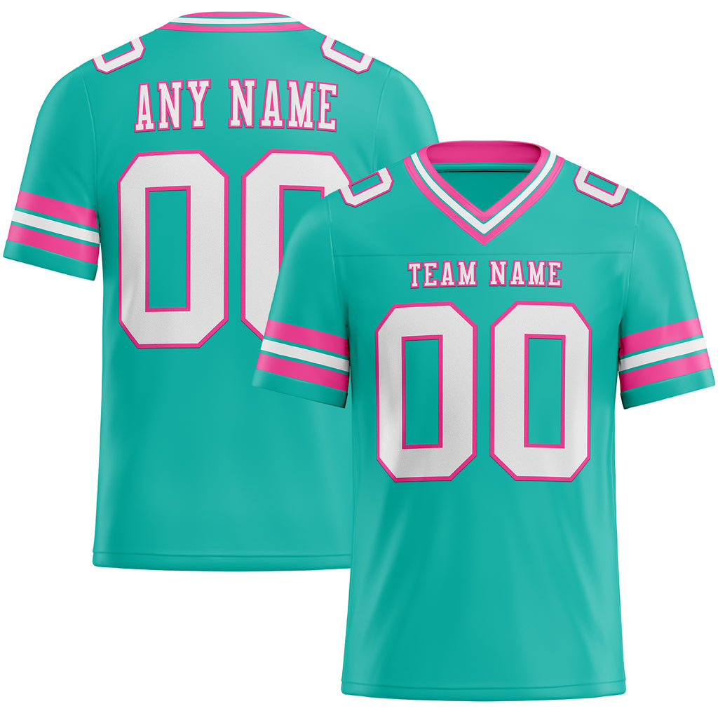 Custom aqua white-pink mesh football jersey with authentic design and free shipping2
