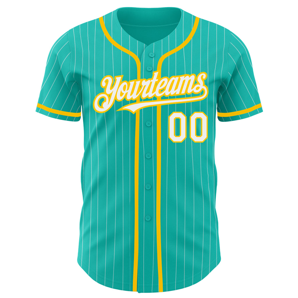 Custom aqua and white pinstripe baseball jersey with authentic white-yellow design and free shipping3