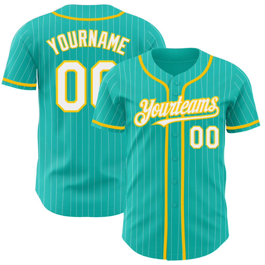 Custom aqua and white pinstripe baseball jersey with authentic white-yellow design and free shipping2