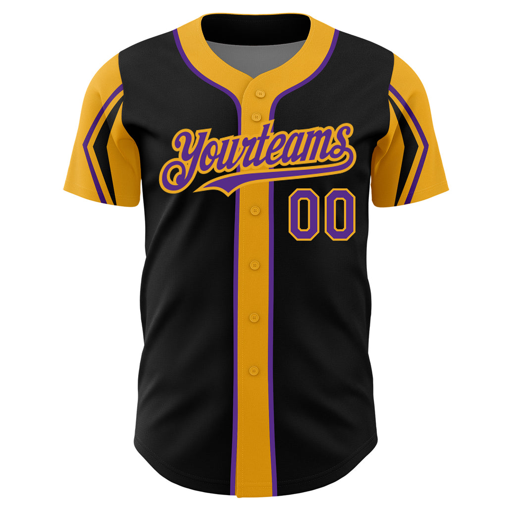 Custom Black Purple-Gold 3 Colors Arm Shapes Authentic Baseball Jersey