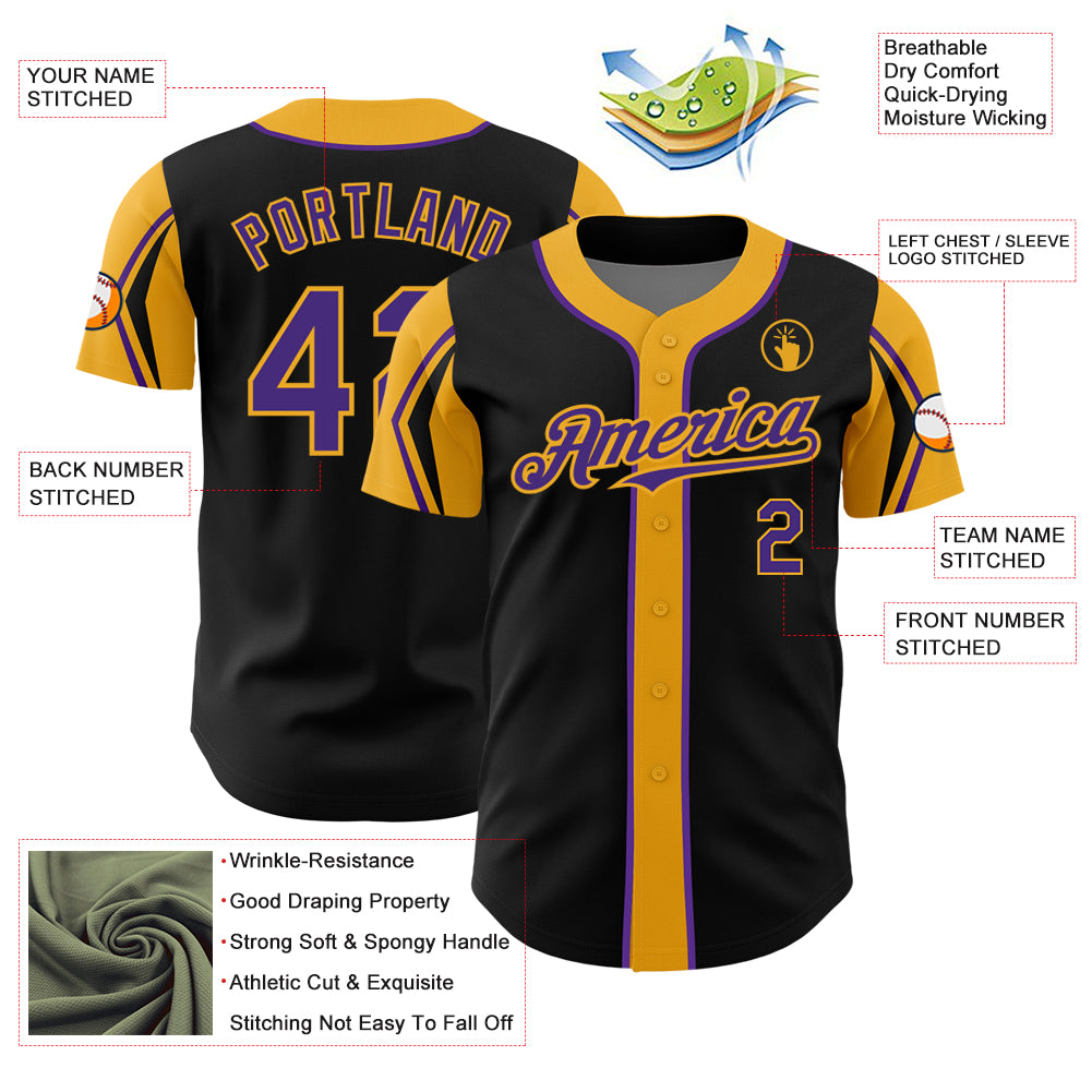 Custom Black Purple-Gold 3 Colors Arm Shapes Authentic Baseball Jersey