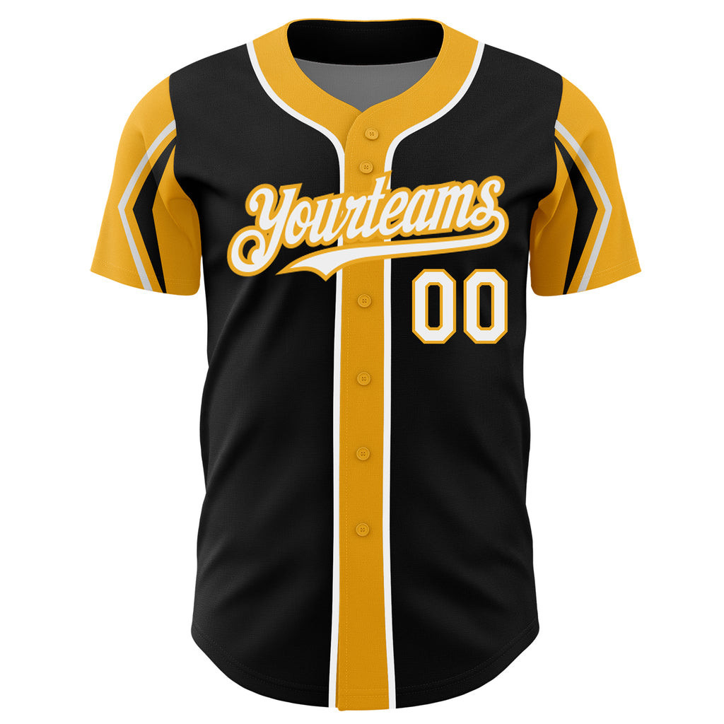 Custom Black White-Gold 3 Colors Arm Shapes Authentic Baseball Jersey