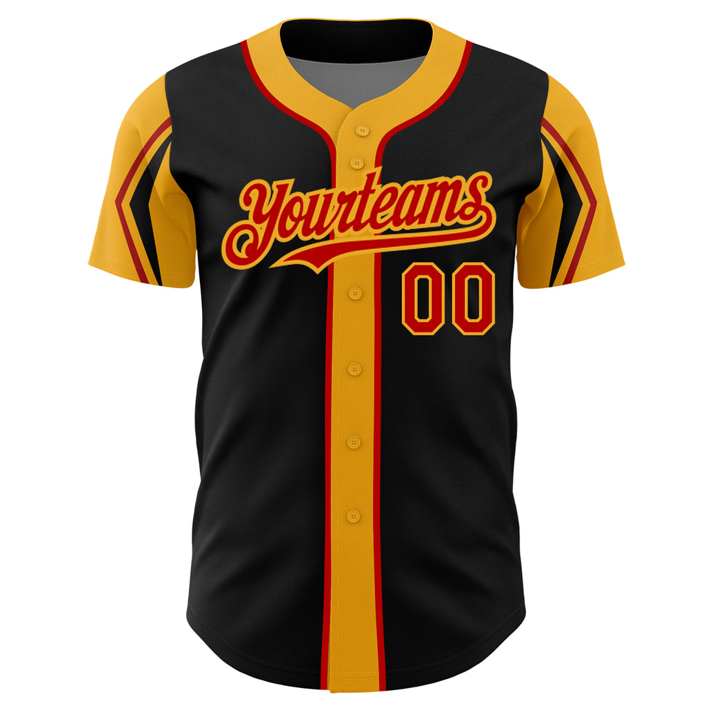 Custom Black Red-Gold 3 Colors Arm Shapes Authentic Baseball Jersey