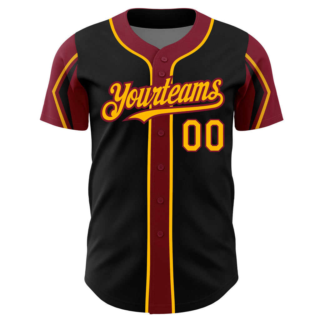 Custom Black Gold-Crimson 3 Colors Arm Shapes Authentic Baseball Jersey