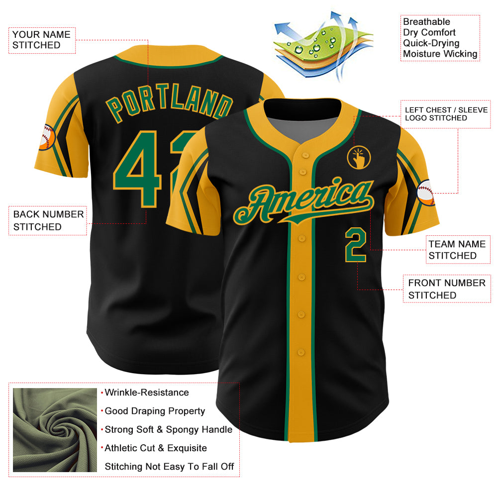 Custom Black Kelly Green-Gold 3 Colors Arm Shapes Authentic Baseball Jersey