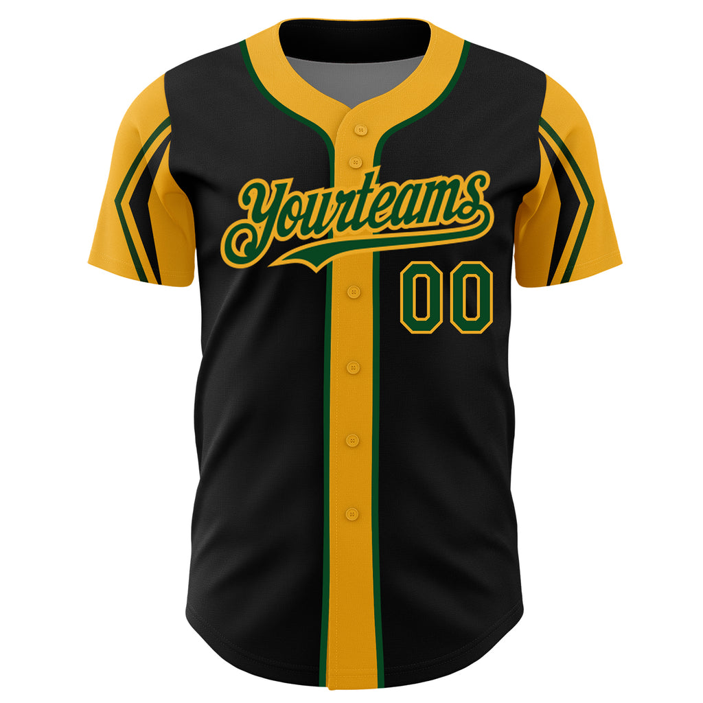 Custom Black Green-Gold 3 Colors Arm Shapes Authentic Baseball Jersey