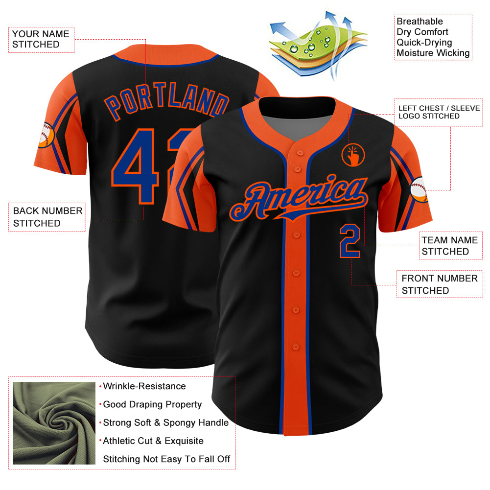 Custom Black Royal-Orange 3 Colors Arm Shapes Authentic Baseball Jersey