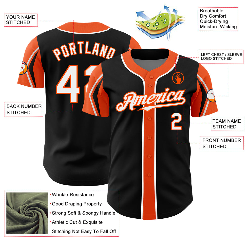 Custom Black White-Orange 3 Colors Arm Shapes Authentic Baseball Jersey