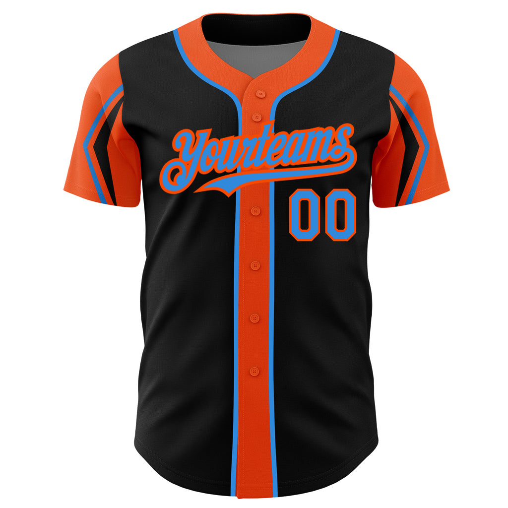 Custom Black Electric Blue-Orange 3 Colors Arm Shapes Authentic Baseball Jersey