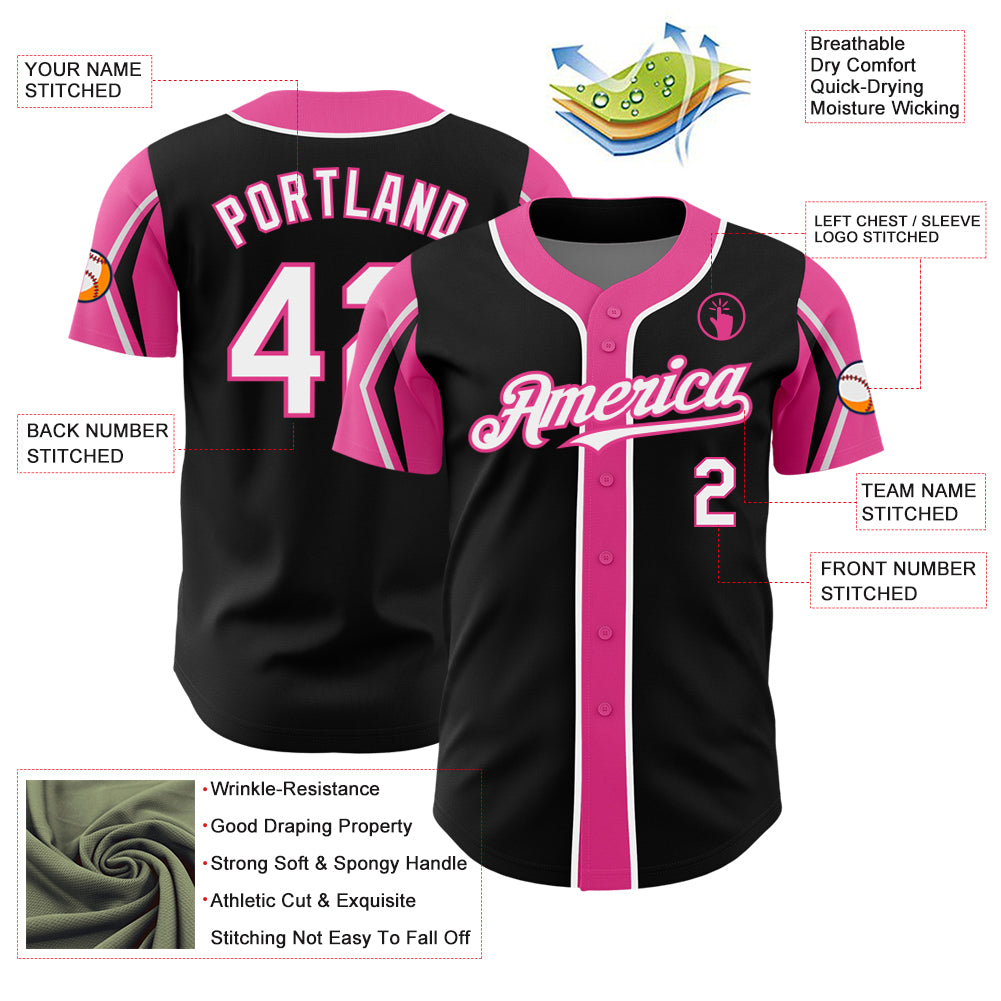 Custom Black White-Pink 3 Colors Arm Shapes Authentic Baseball Jersey