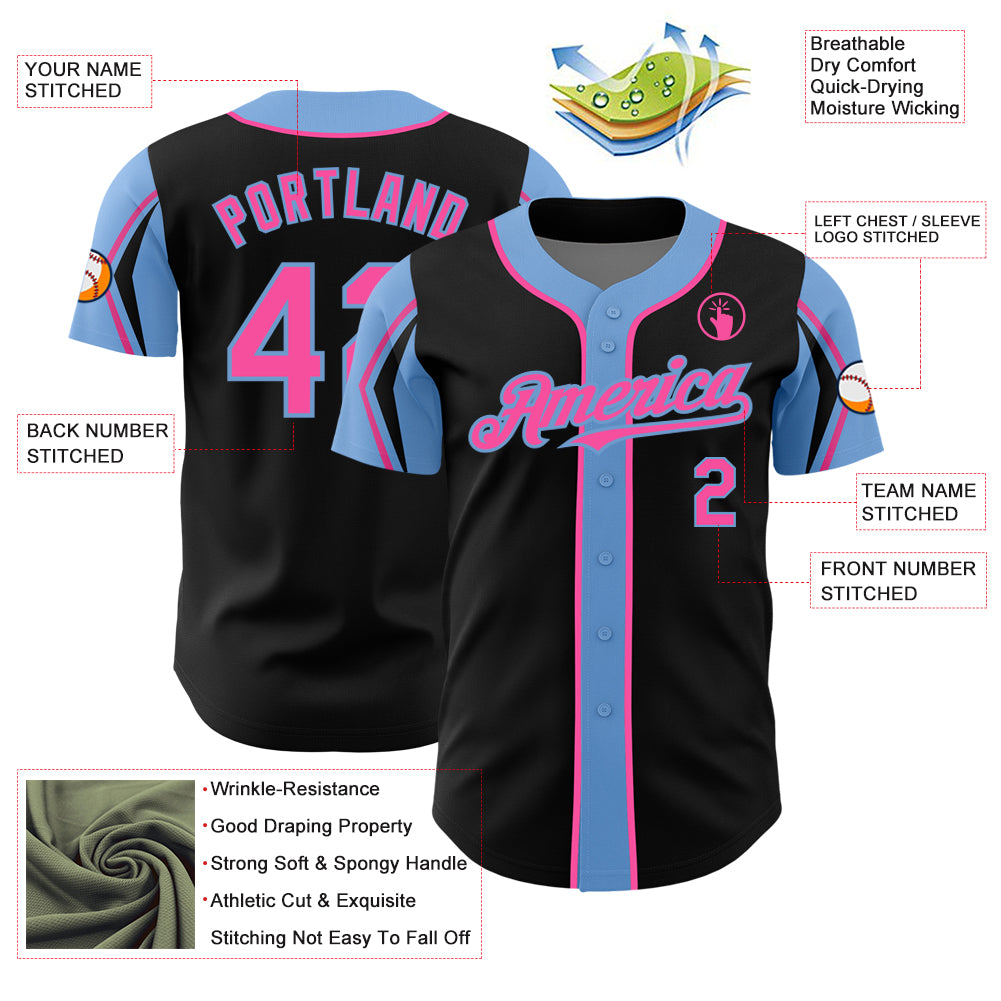 Custom Black Pink-Light Blue 3 Colors Arm Shapes Authentic Baseball Jersey