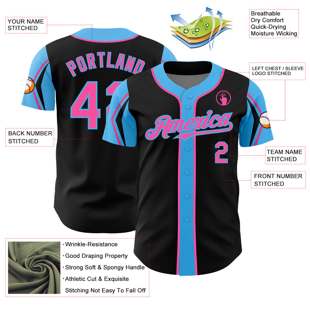 Custom Black Pink-Sky Blue 3 Colors Arm Shapes Authentic Baseball Jersey
