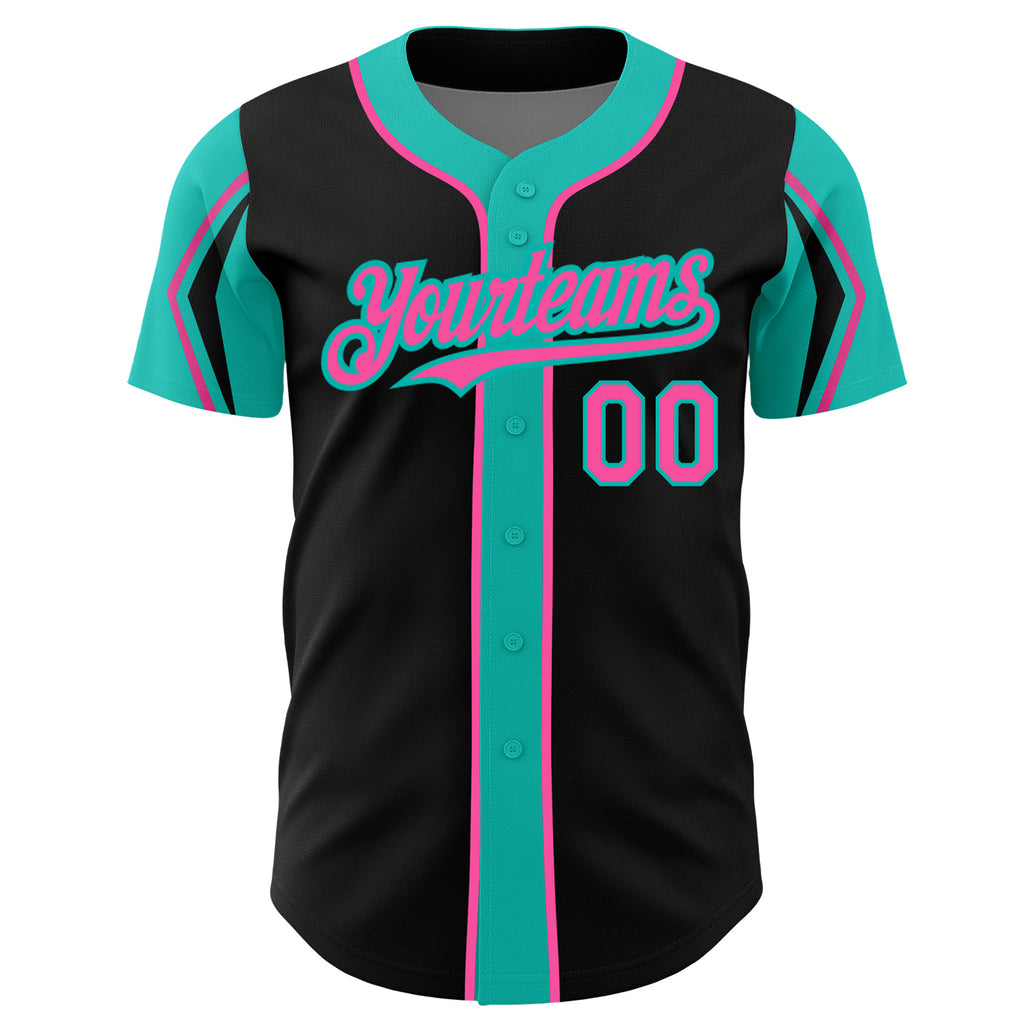 Custom Black Pink-Aqua 3 Colors Arm Shapes Authentic Baseball Jersey