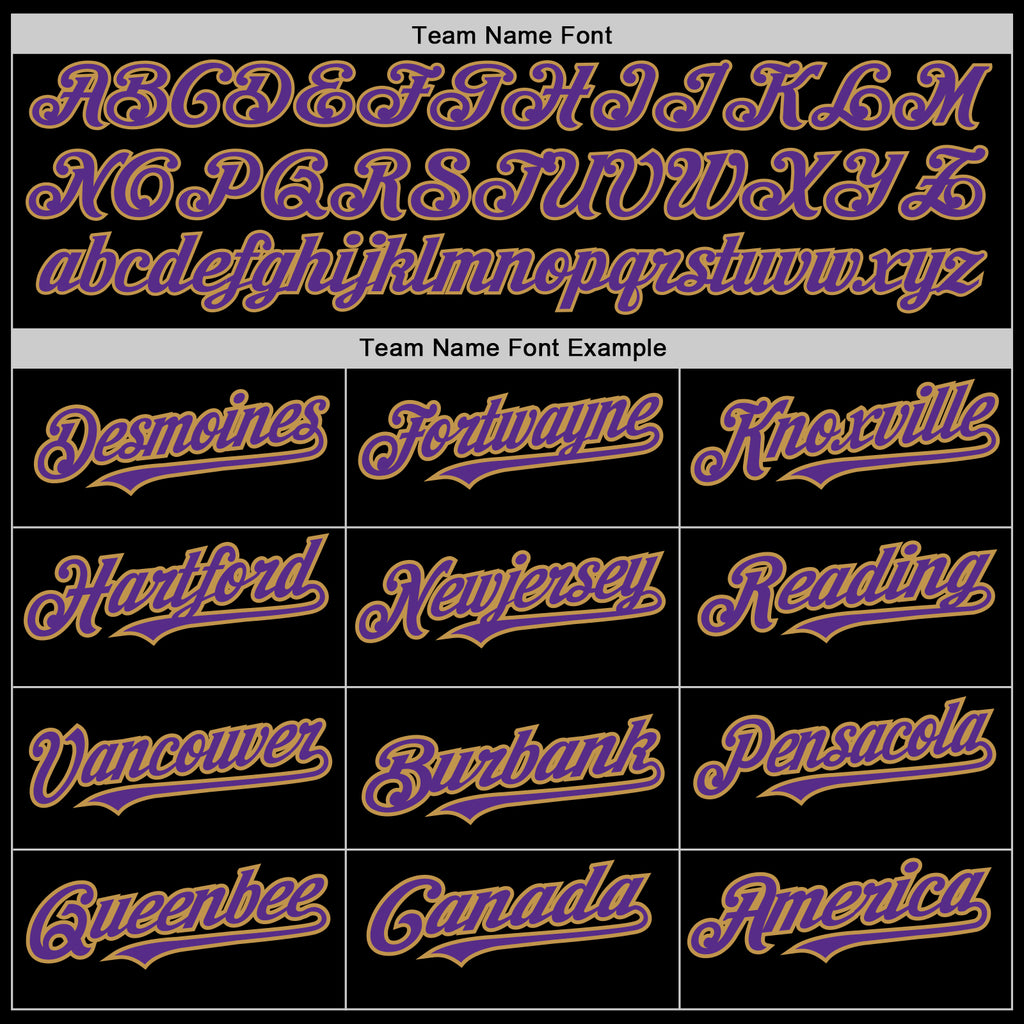 Custom Black Purple-Old Gold 3 Colors Arm Shapes Authentic Baseball Jersey