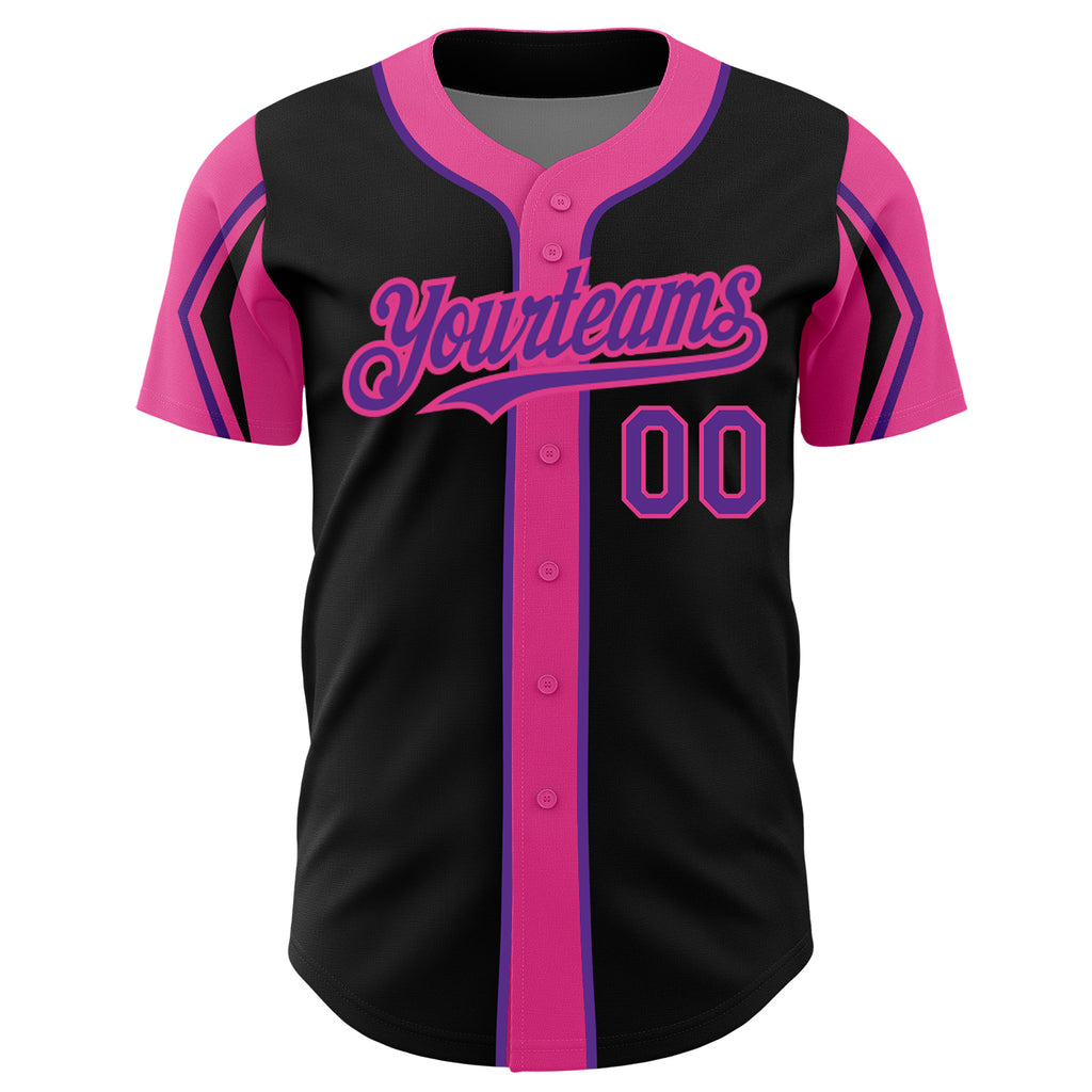 Custom Black Purple-Pink 3 Colors Arm Shapes Authentic Baseball Jersey