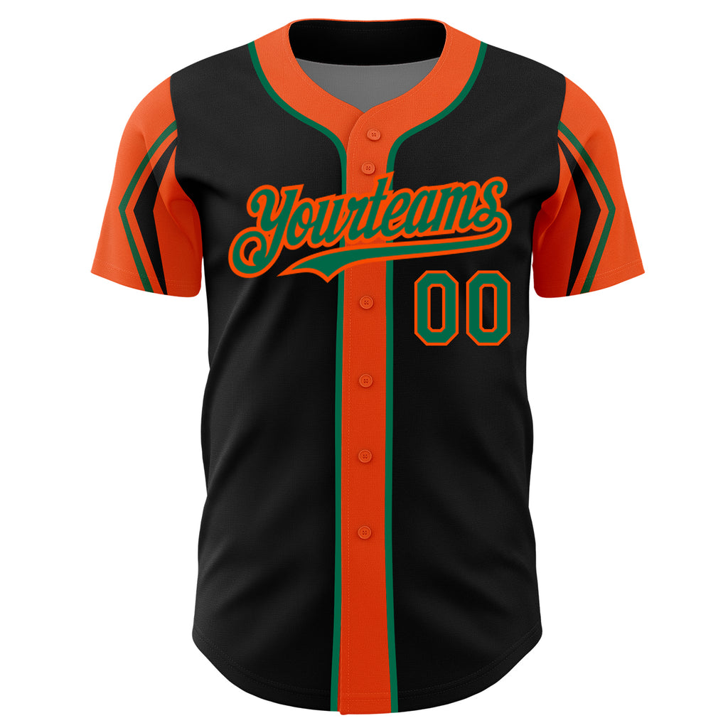 Custom Black Kelly Green-Orange 3 Colors Arm Shapes Authentic Baseball Jersey