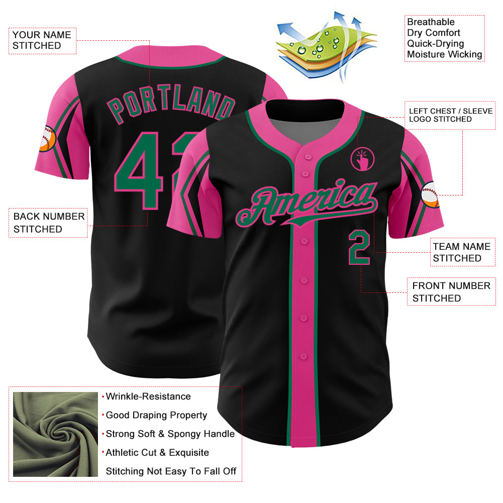 Custom Black Kelly Green-Pink 3 Colors Arm Shapes Authentic Baseball Jersey