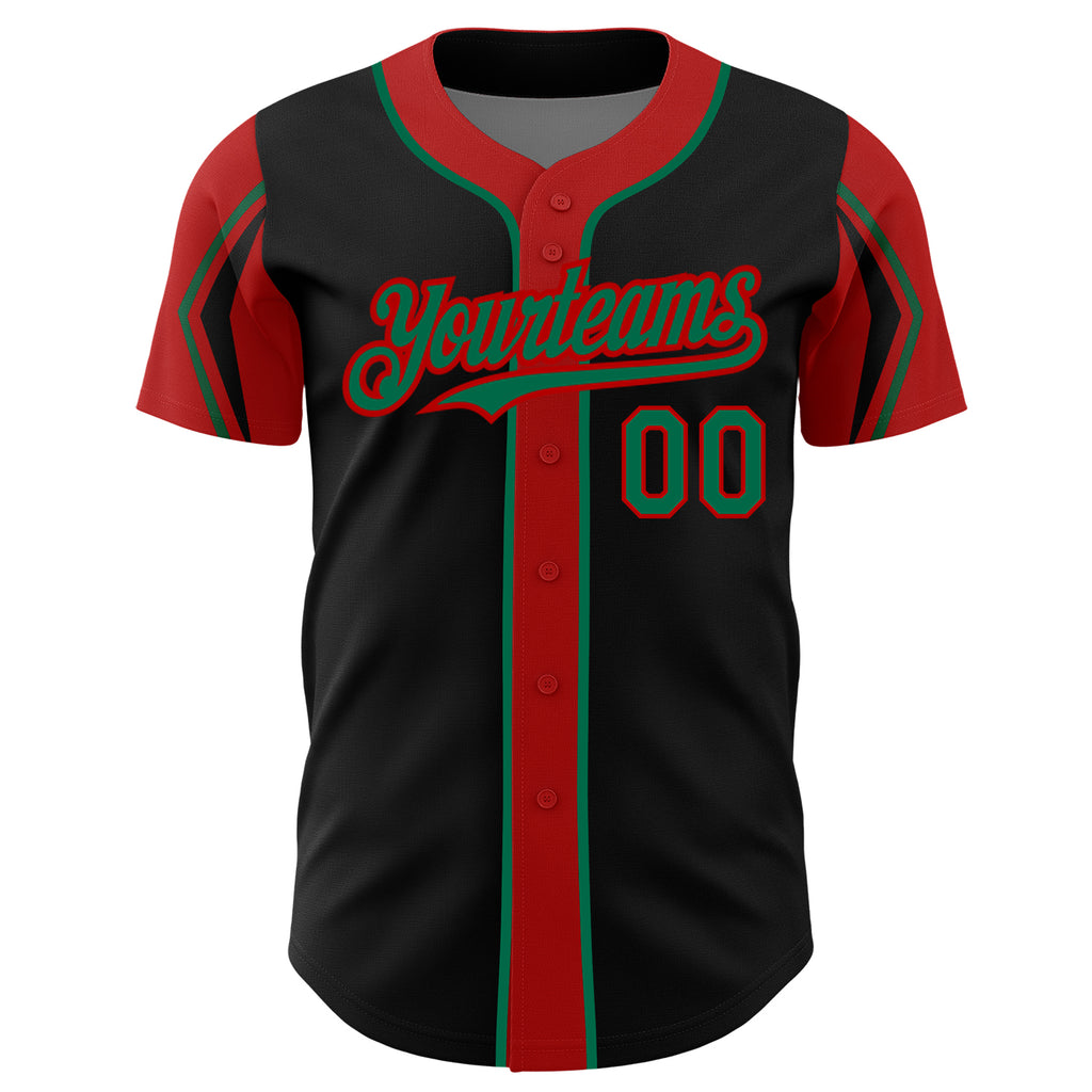 Custom Black Kelly Green-Red 3 Colors Arm Shapes Authentic Baseball Jersey