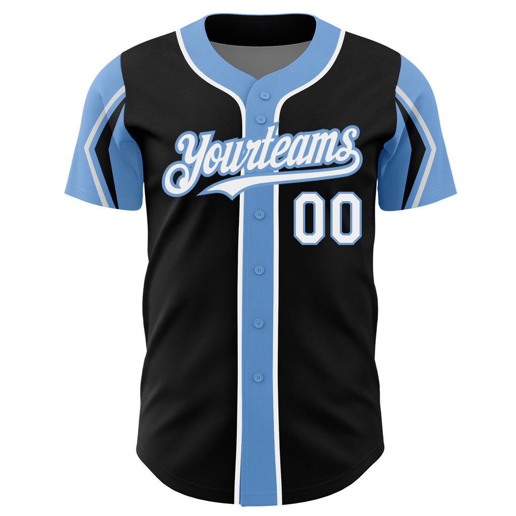 Custom Black White-Light Blue 3 Colors Arm Shapes Authentic Baseball Jersey