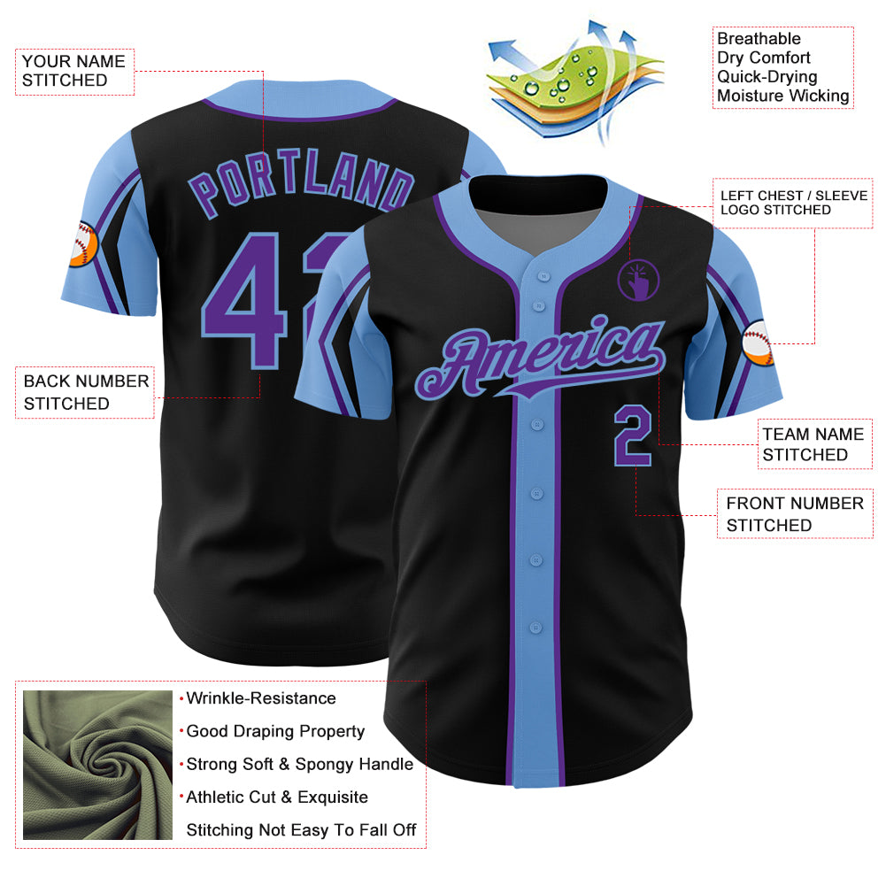 Custom Black Purple-Light Blue 3 Colors Arm Shapes Authentic Baseball Jersey