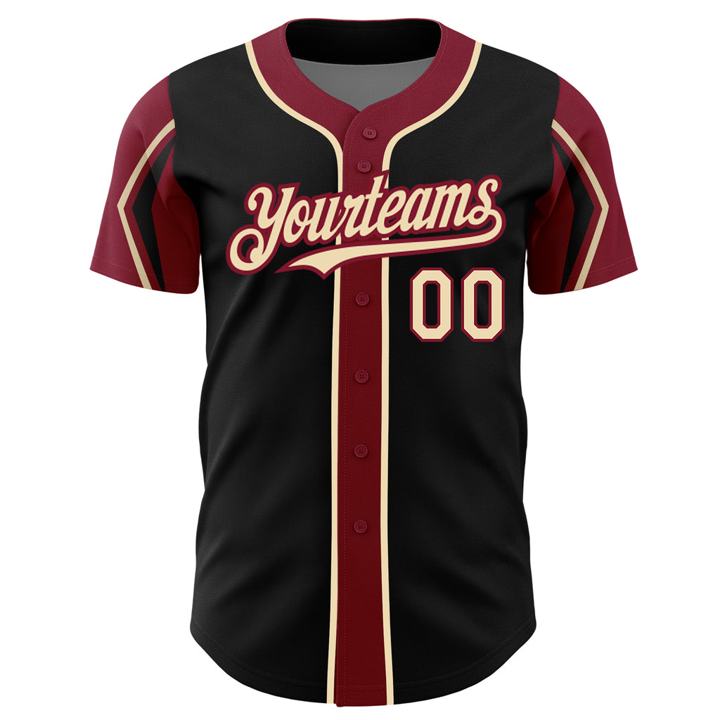 Custom Black City Cream-Crimson 3 Colors Arm Shapes Authentic Baseball Jersey