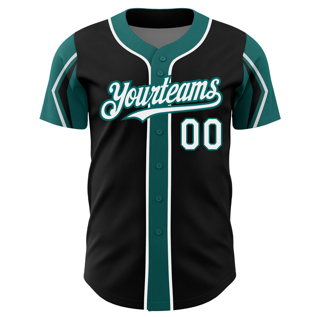 Custom Black White-Teal 3 Colors Arm Shapes Authentic Baseball Jersey
