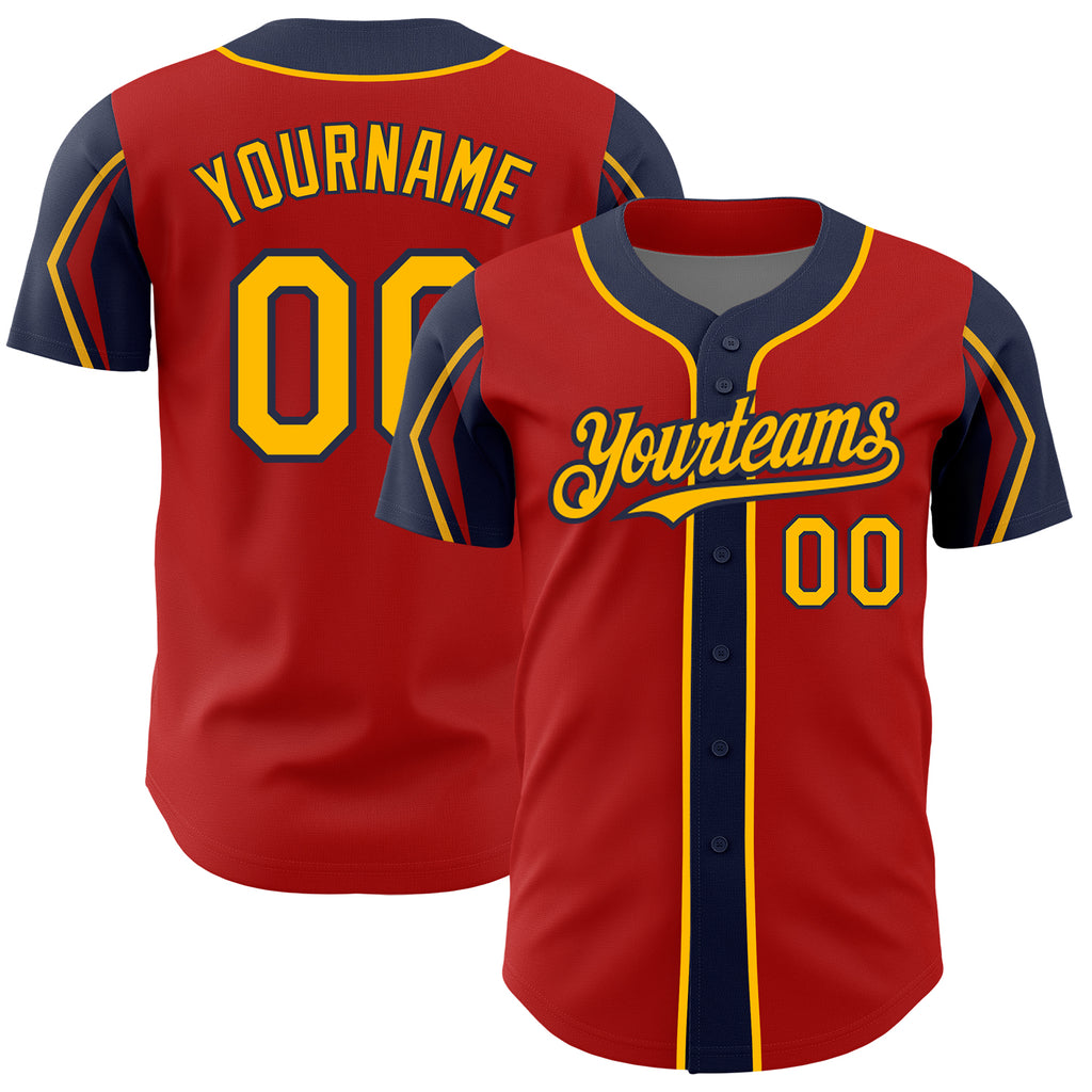Custom Red Gold-Navy 3 Colors Arm Shapes Authentic Baseball Jersey