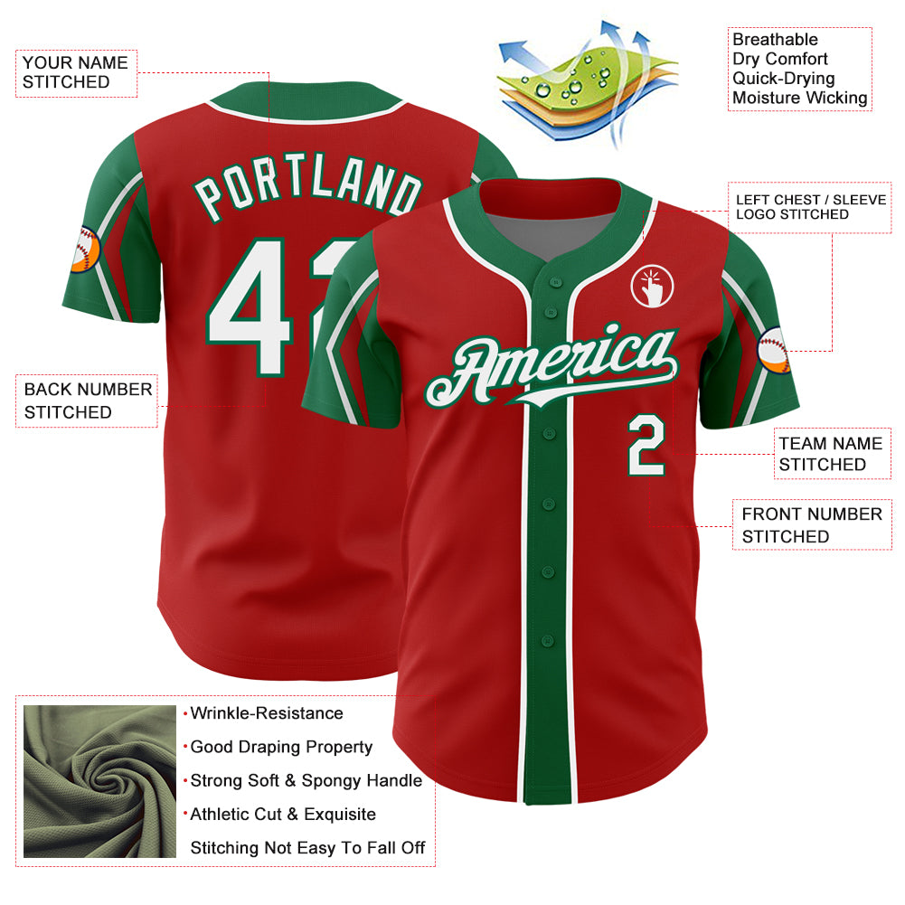 Custom Red White-Kelly Green 3 Colors Arm Shapes Authentic Baseball Jersey