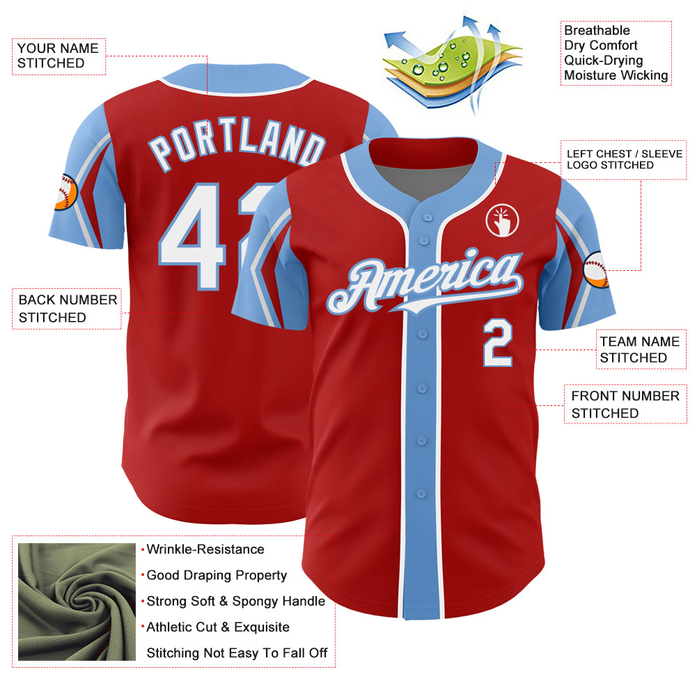 Custom Red White-Light Blue 3 Colors Arm Shapes Authentic Baseball Jersey