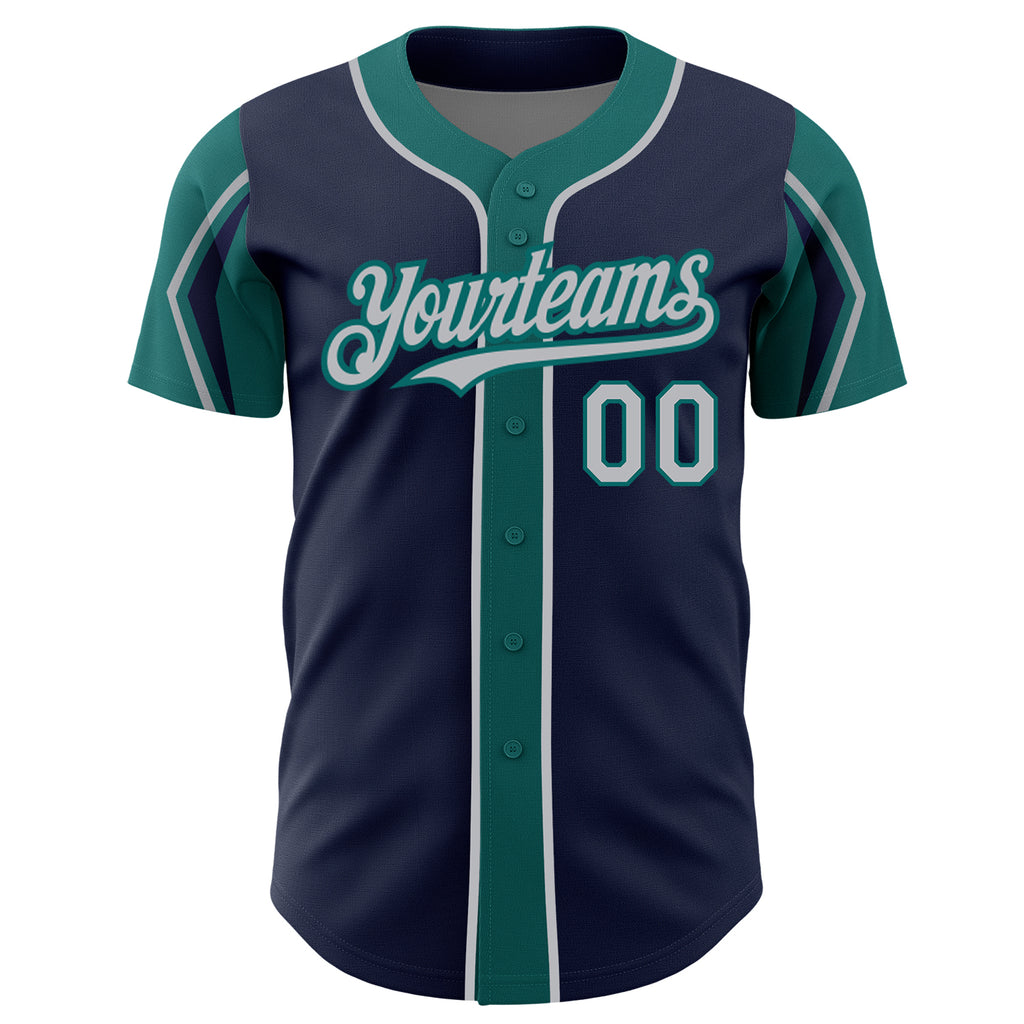 Custom Navy Gray-Teal 3 Colors Arm Shapes Authentic Baseball Jersey