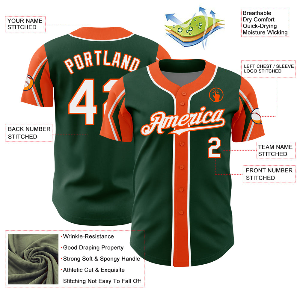 Custom Green White-Orange 3 Colors Arm Shapes Authentic Baseball Jersey
