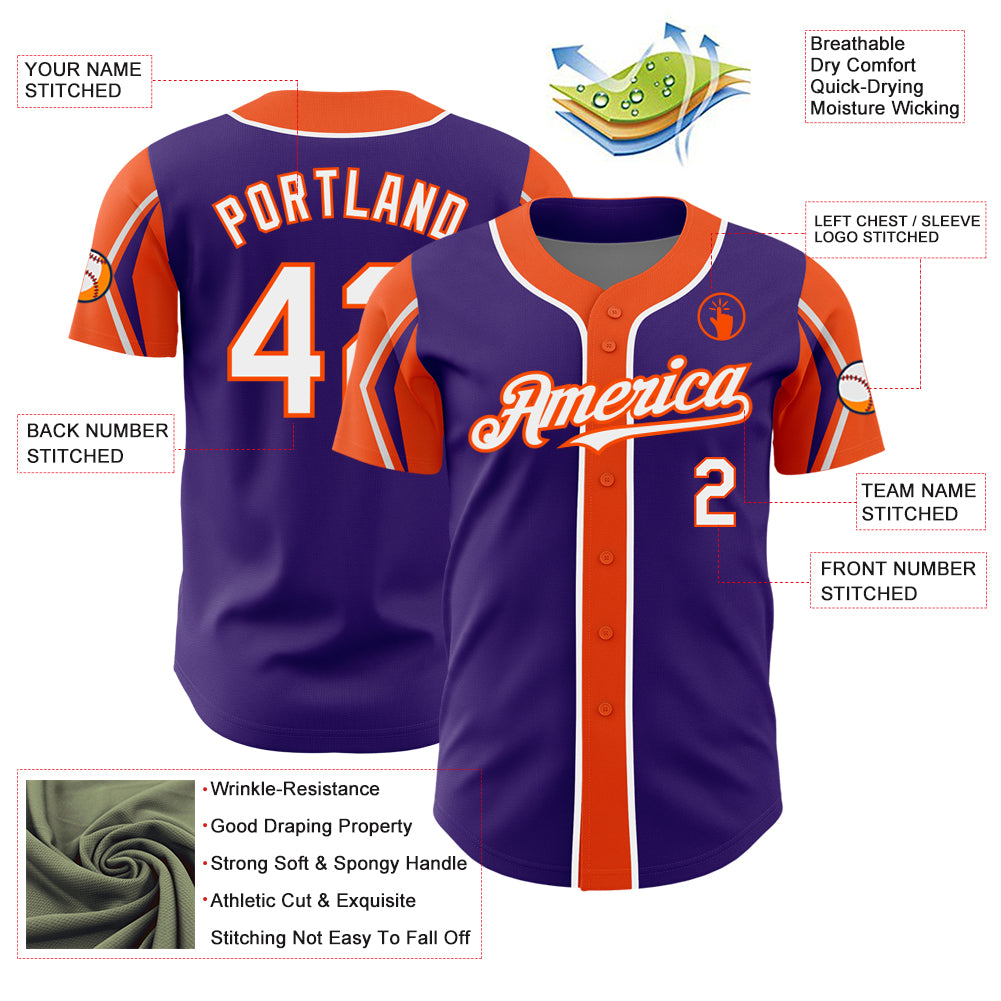 Custom Purple White-Orange 3 Colors Arm Shapes Authentic Baseball Jersey