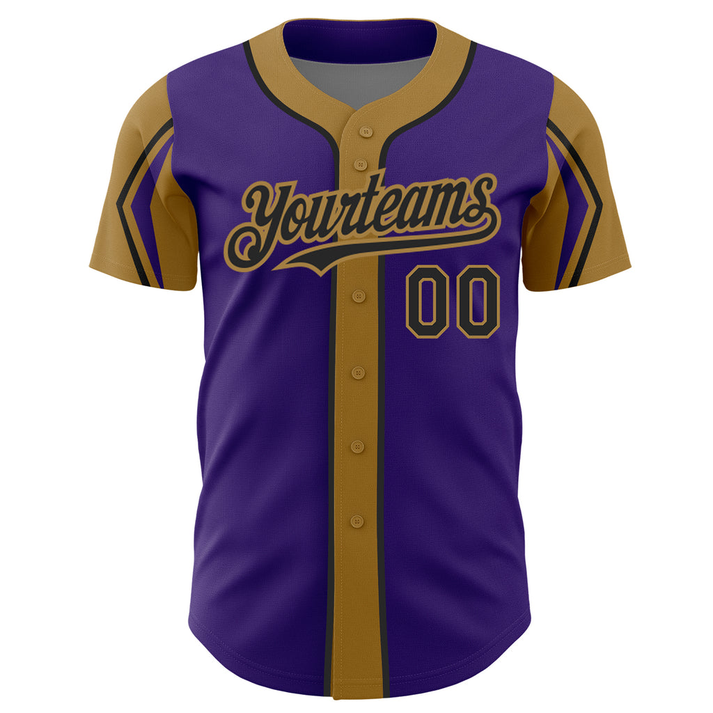 Custom Purple Black-Old Gold 3 Colors Arm Shapes Authentic Baseball Jersey