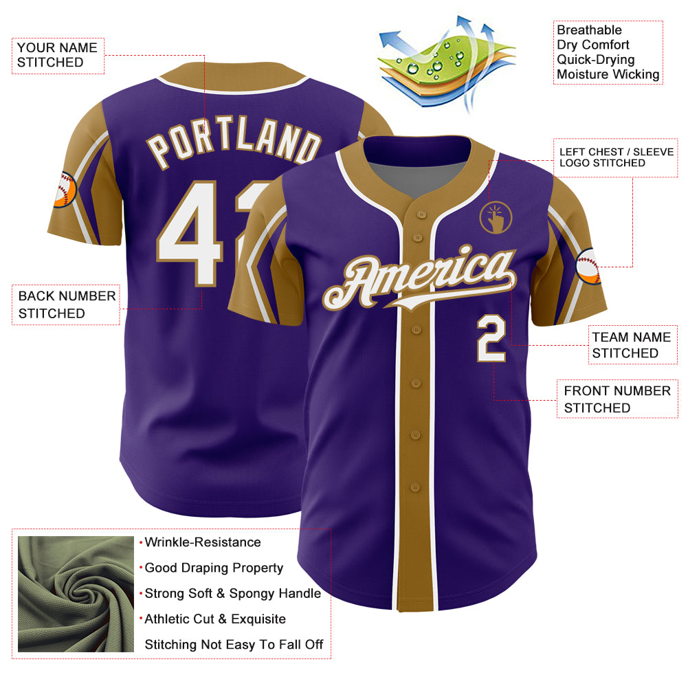 Custom Purple White-Old Gold 3 Colors Arm Shapes Authentic Baseball Jersey