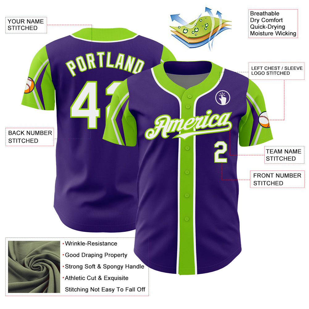 Custom Purple White-Neon Green 3 Colors Arm Shapes Authentic Baseball Jersey