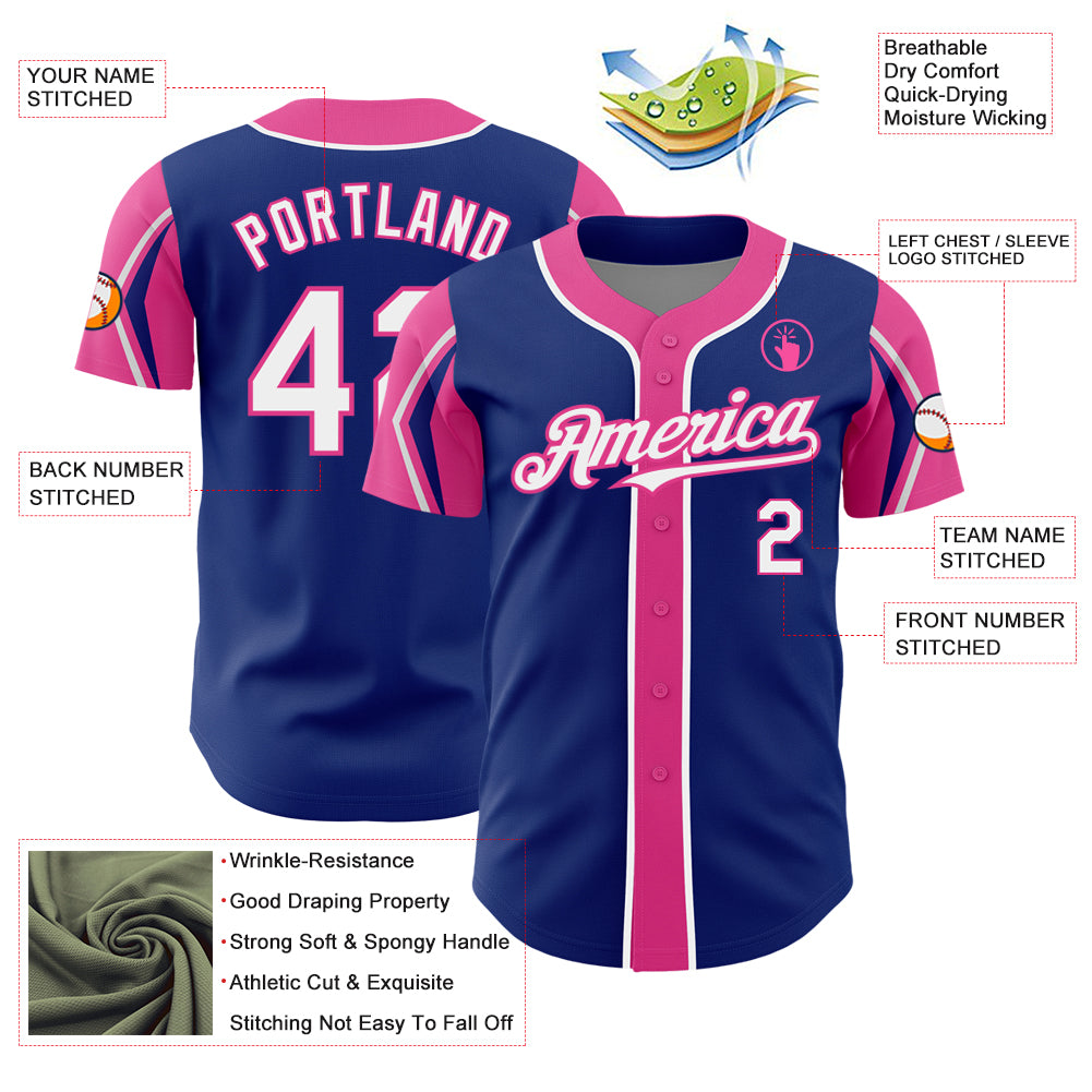 Custom Royal White-Pink 3 Colors Arm Shapes Authentic Baseball Jersey
