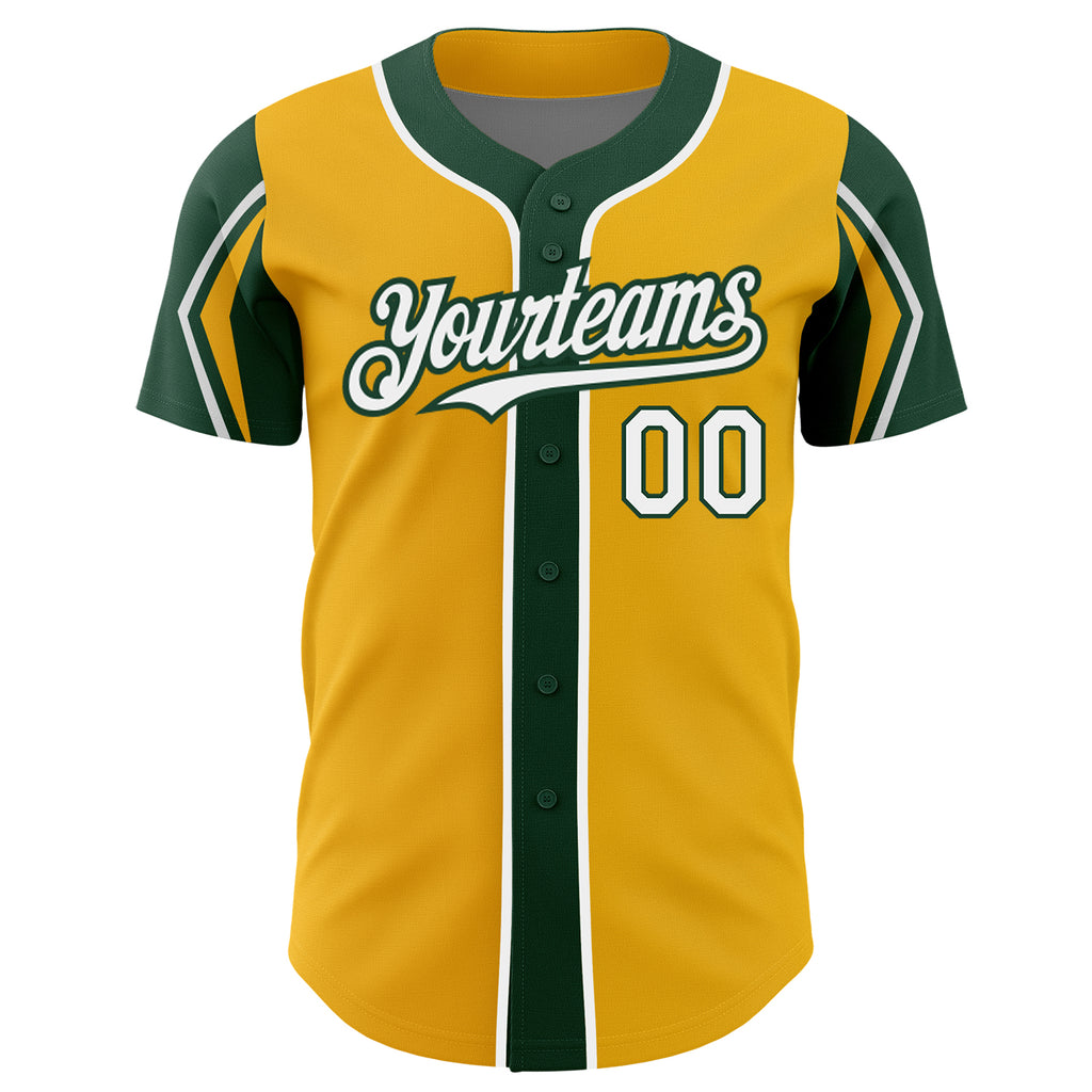 Custom Gold White-Green 3 Colors Arm Shapes Authentic Baseball Jersey